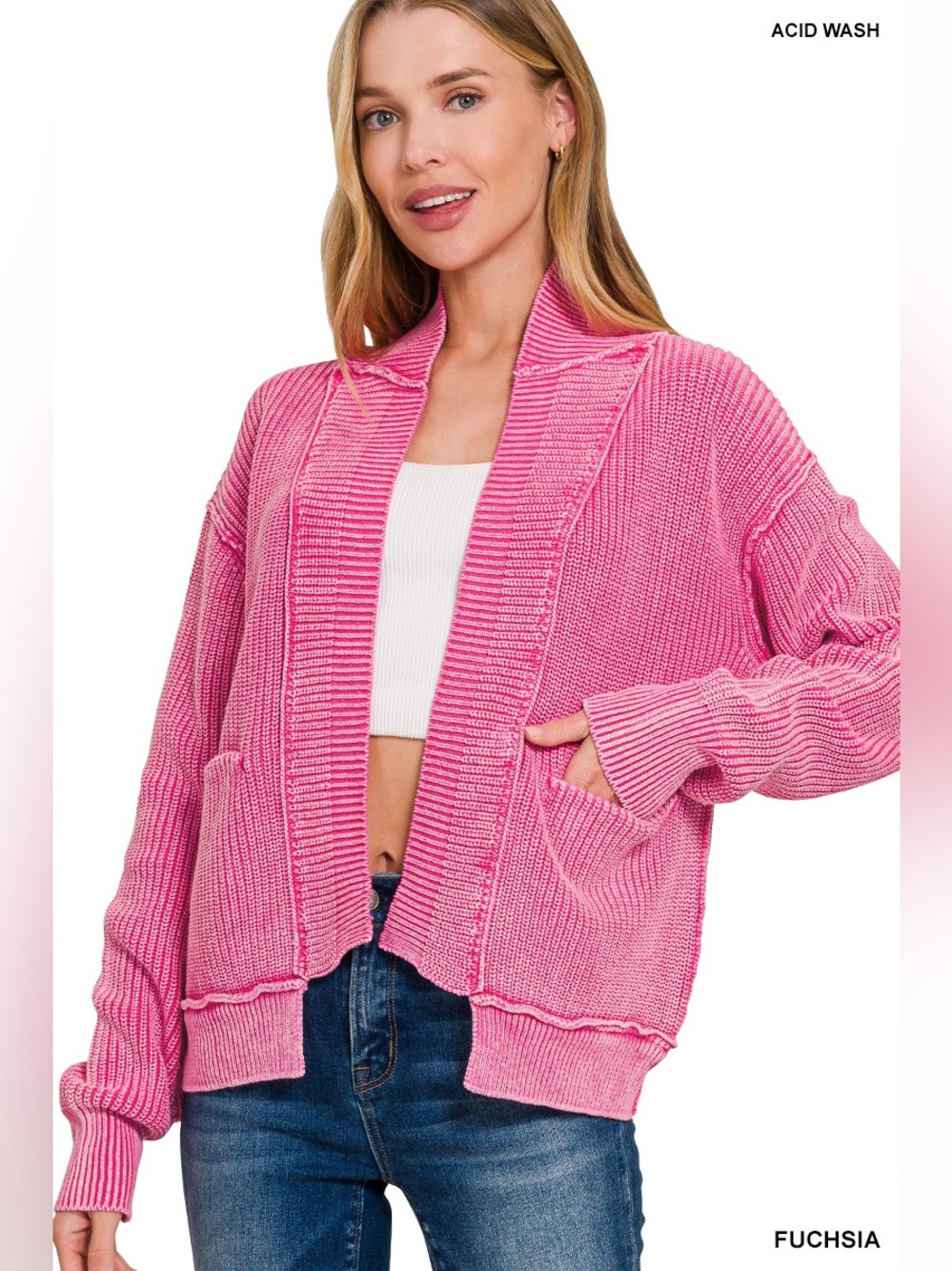 Zenana Washed Dropped Shoulder Cardigan with Side Pockets – Fuchsia 💖🛍️